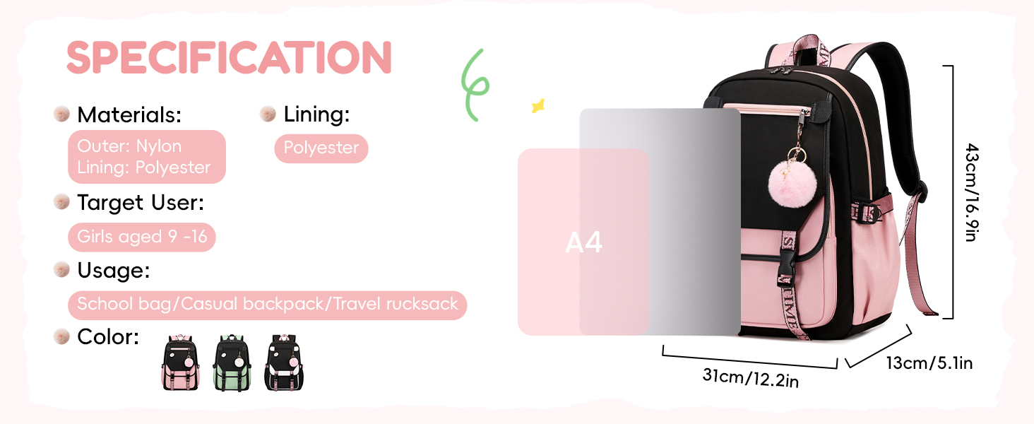 Рюкзак для дівчинки-підлітка, 3-5 клас, модний шкільний рюкзак з брелоком та ручкою-телескопом, рожевий
