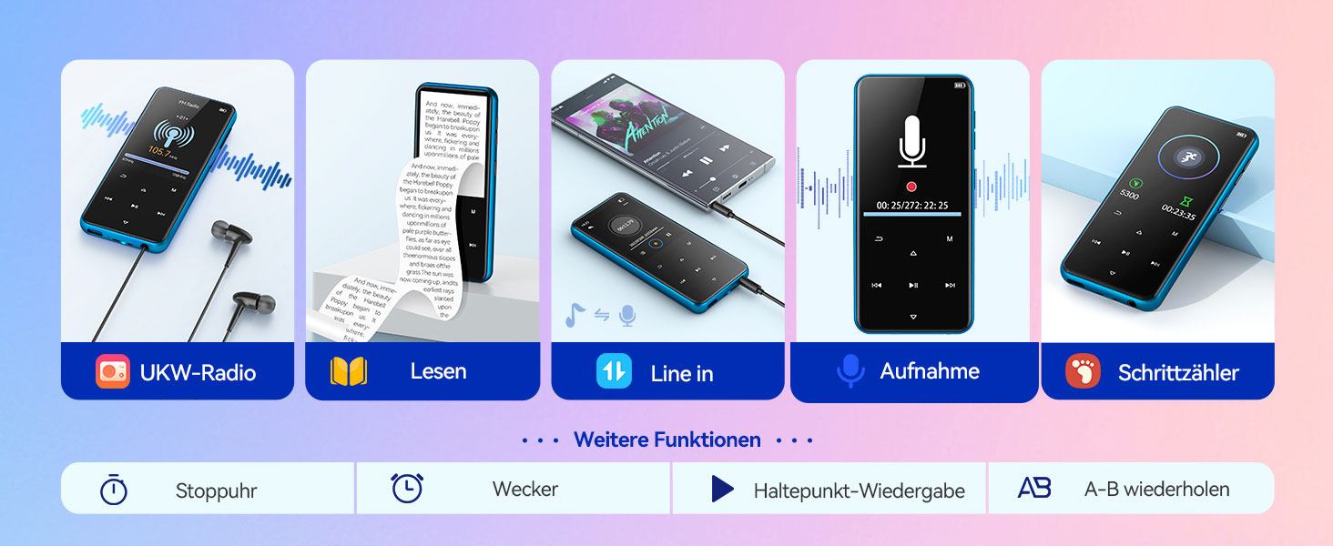 MP3-плеєр AGPTEK 64GB Bluetooth 5.3 з TFT екраном, FM-радіо, підтримкою до 128GB, функцією запису та E-Book (синій)