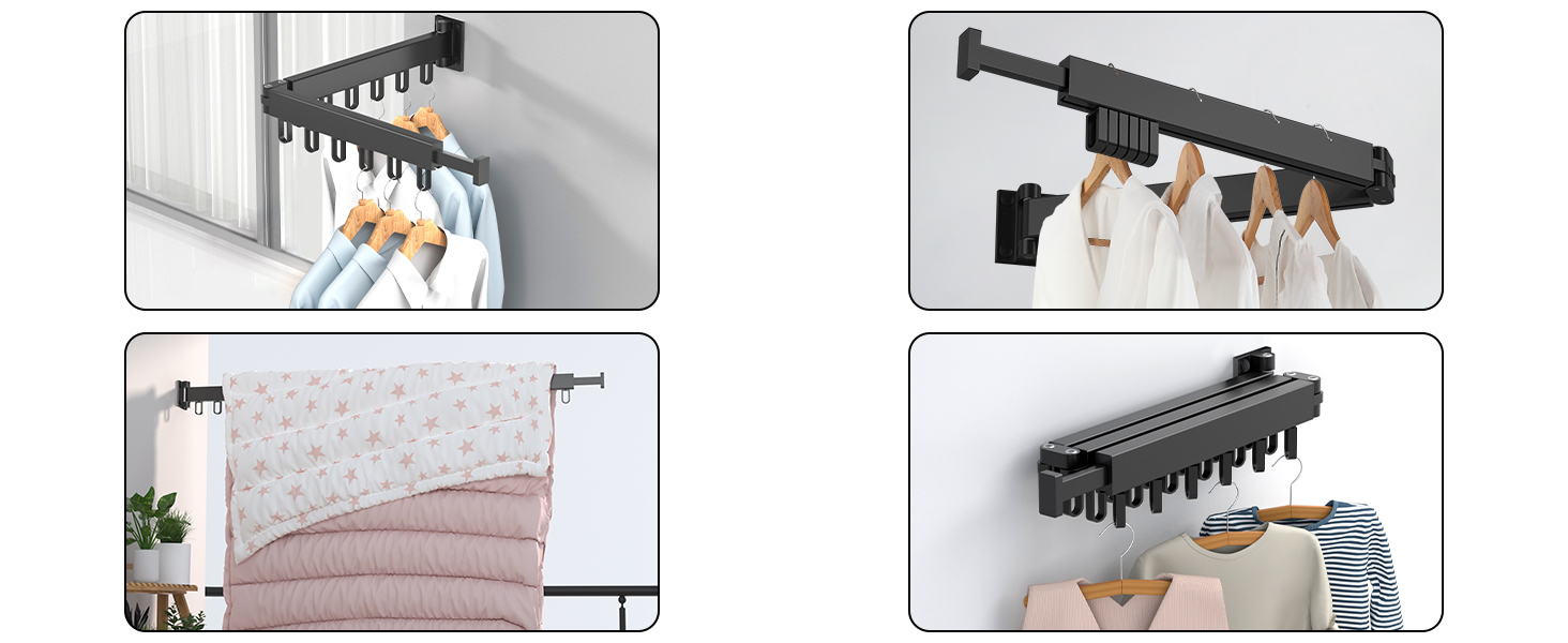 Висувний сушильник для білизни настінний з гачками, компактний для балкона, ванної кімнати, спальні (білий)