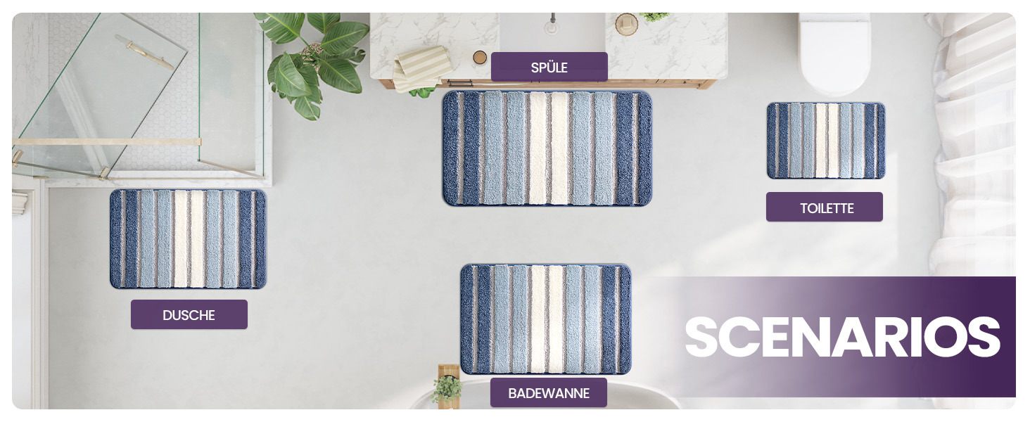 DEXI Non-Slip Bathroom Rug - Absorbent, Washable Bath Mat - 60 x 110 cm - Blue