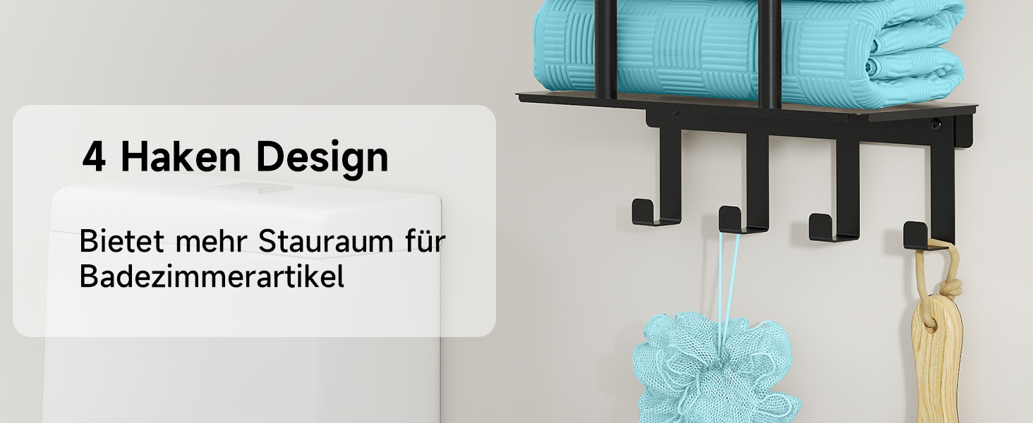 Чорний триярусний тримач для рушників з металевою полицею та 4 гачками, 86 см