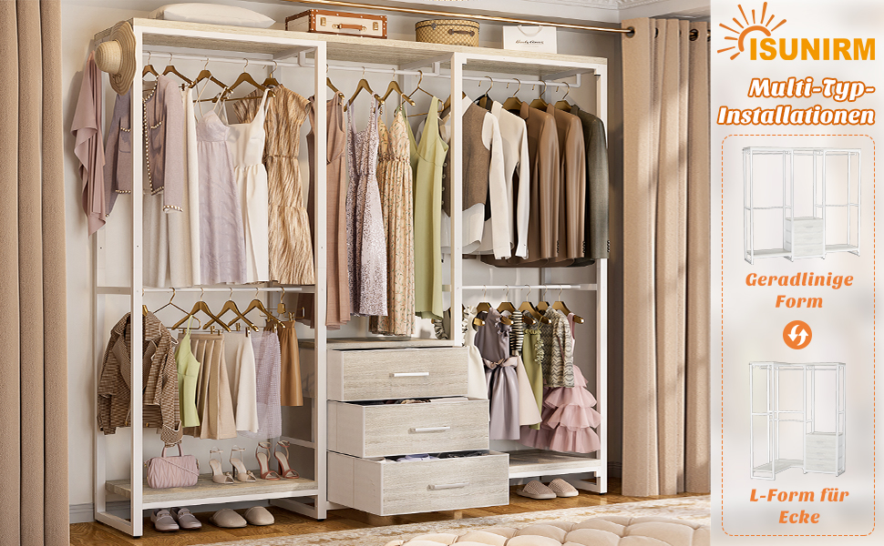 Кутовий вішак для одягу iSunirm L-подібний freestanding шафа з шухлядами, чорний дуб