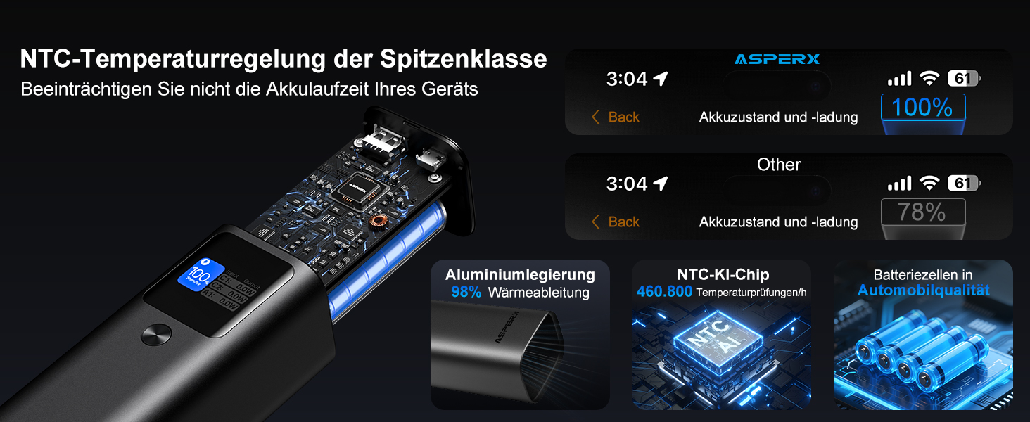 Power Bank AsperX 20000mAh, 165W, USB-C Кабель, для MacBook, Dell, HP, Lenovo, iPad, iPhone, Galaxy