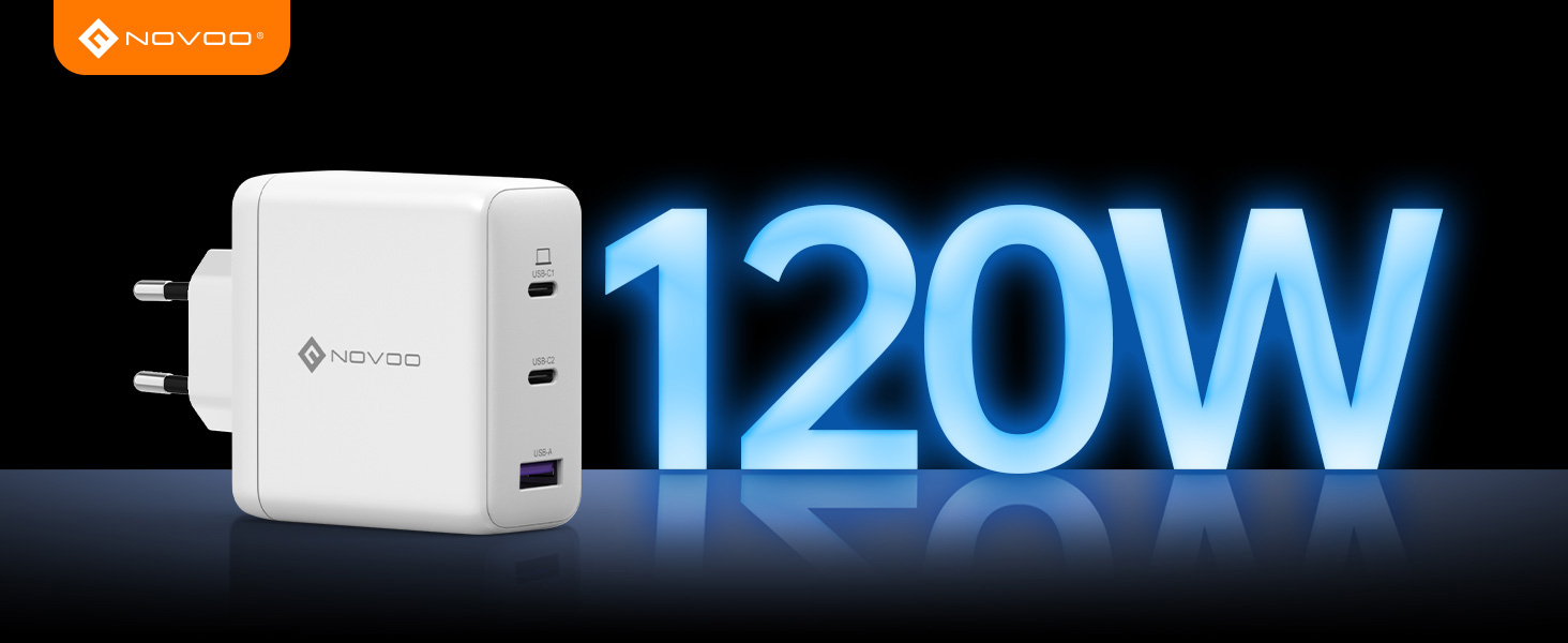 Зарядний пристрій USB-C 120W NOVOO GaN III 3-порти, кабель USB-C PD 100W для MacBook Pro 14