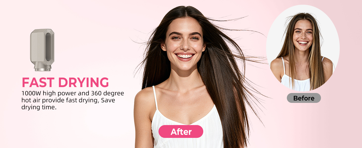 Набір для укладки волосся Atopskins 6 в 1: фен-щітка, плойка, круглі щітки, 1000W, рожевий (крем-золотий)