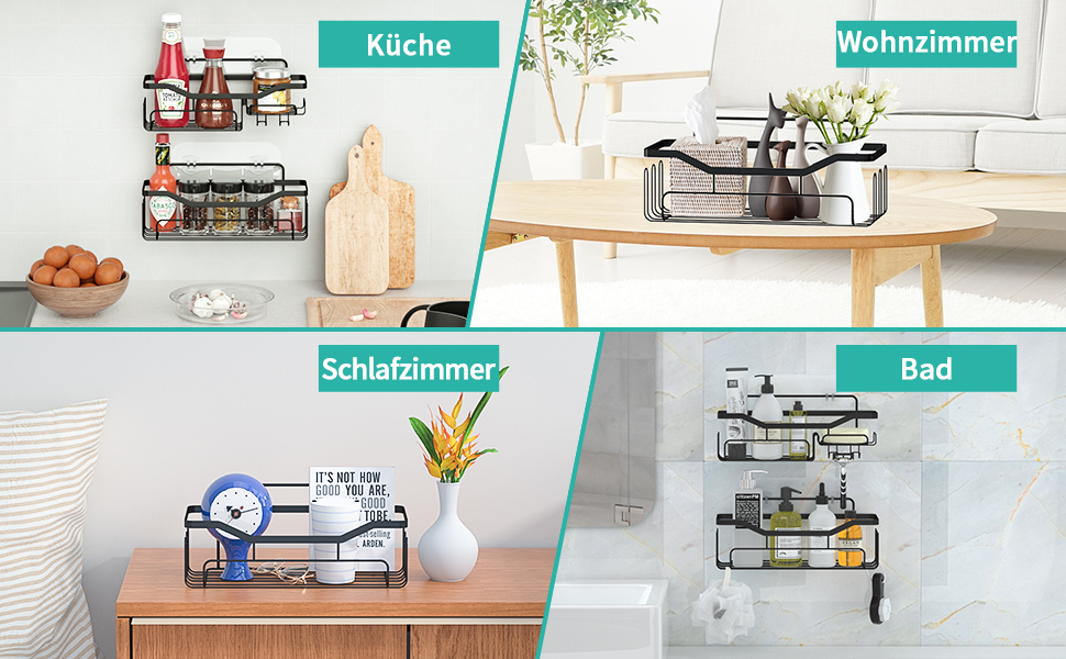 Дзеркальна поличка для душу HapiRm без свердління - органайзер для ванної кімнати та кухні, полиця для душу з 11 гачками, мильниця, тримач для бритви, тримач для шампуню, 3 кріплення, чорний