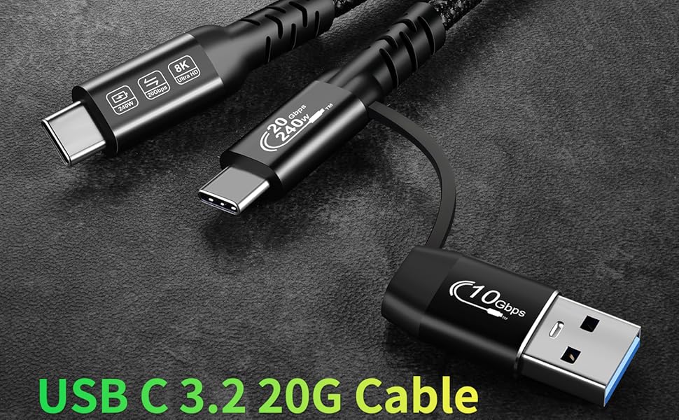 Кабель USB-C 200см: USB 3.2 Gen 2x2, 20 Гбіт/с, 5A/240W, PD3.1, 8K@60Hz, Thunderbolt 3/4, сумісний з MacBook Pro, Samsung