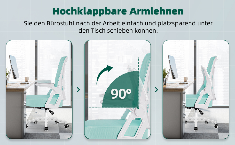 Ергономічне крісло для офісу, офісне крісло з відкидними підлокітниками, регульована поперекова підтримка, регульоване крісло для начальника, поворотне крісло, сітчасте крісло з функцією гойдання до 125° (Блакитно-зелене, без підголівника)