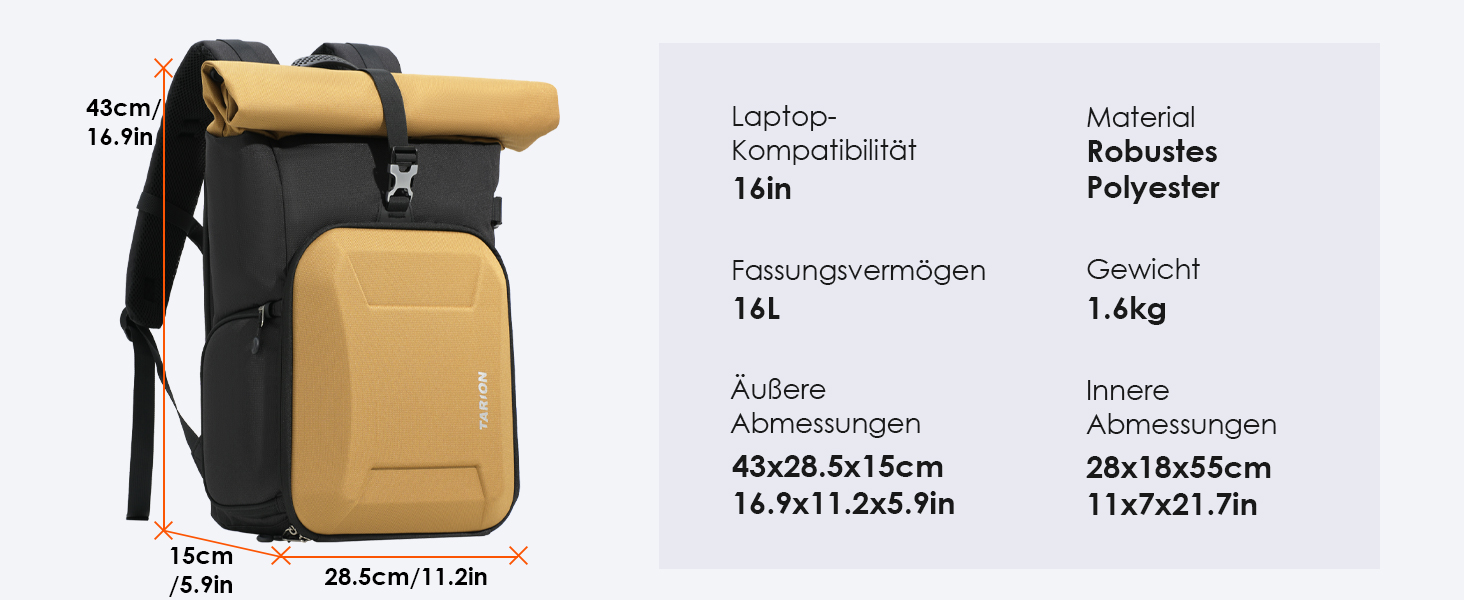 Рюкзак для камери TARION Rolltop: професійний фоторюкзак з жорсткою оболонкою, відділенням для 16-дюймового ноутбука, сумісний з DSLR/SLR камерами, об'єктивами та штативом, колір золотий