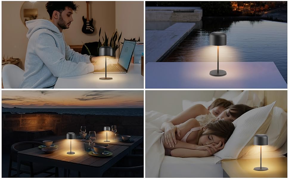 Акумуляторний LED світильник Klighten настільний диммований, чорний, алюміній, IP54, 21 см. З USB-C, 3 кольори світла (3000K-6000K)