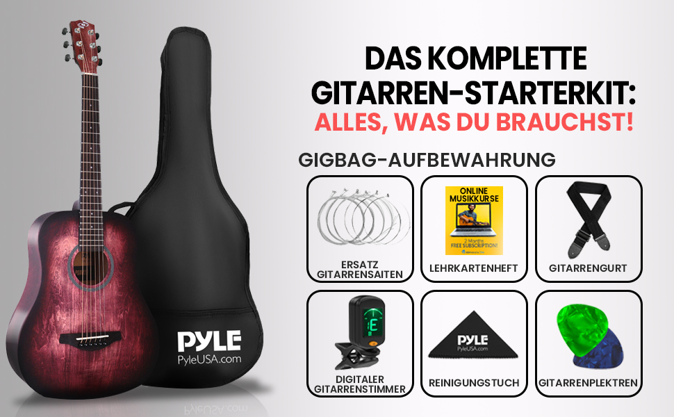 Акустична гітара Pyle – Класична гітара з датчиком, для початківців, дітей та дорослих, розмір 1/2, з тюнером та комплектом Crimson Burst Matt
