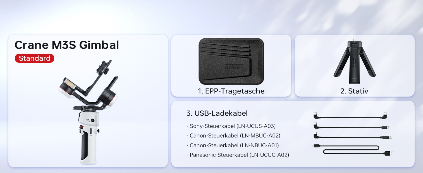 ZHIYUN Crane M3S: Стабілізатор камери з підсвічуванням 1000Lux, Bluetooth, дисплеєм 1.22' та вагою 705г. Підходить для DSLR, беззеркальних камер, смартфонів та екшн-камер.