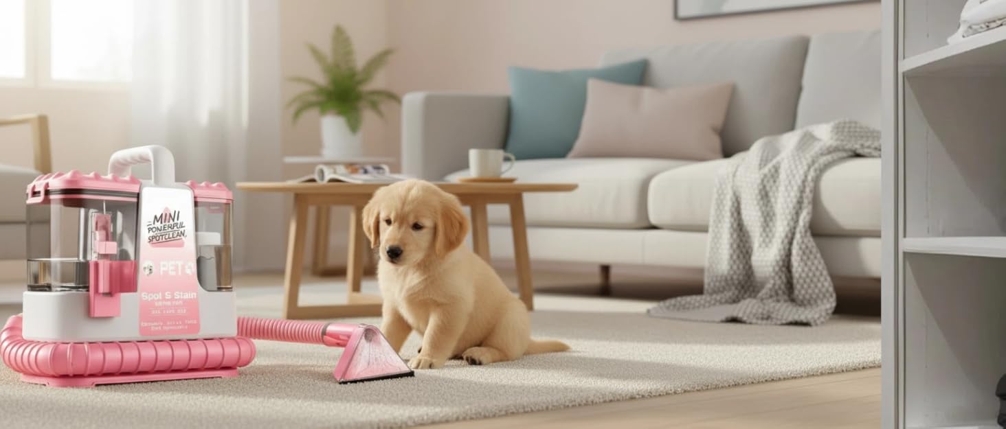 Портативний мийник для м'яких меблів 600W, 16Kpa, з розчином 500мл та 5 насадками. Для диванів, килимів, авто та сходин. Легкий та компактний, рожевий колір