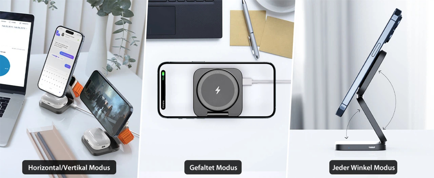 Зарядна станція KU XIU X55 15W MagSafe 3-в-1: для Apple Watch, iPhone 17-12, AirPods + USB-C 30W адаптер, сіра, складана, магнітна