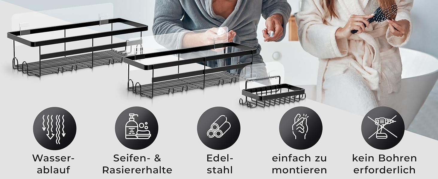 Настінна поличка для душу без свердління - чорна | Дзеркальна поличка для ванної кімнати з нержавіючої сталі | Органайзер для душу, шампуню та аксесуарів