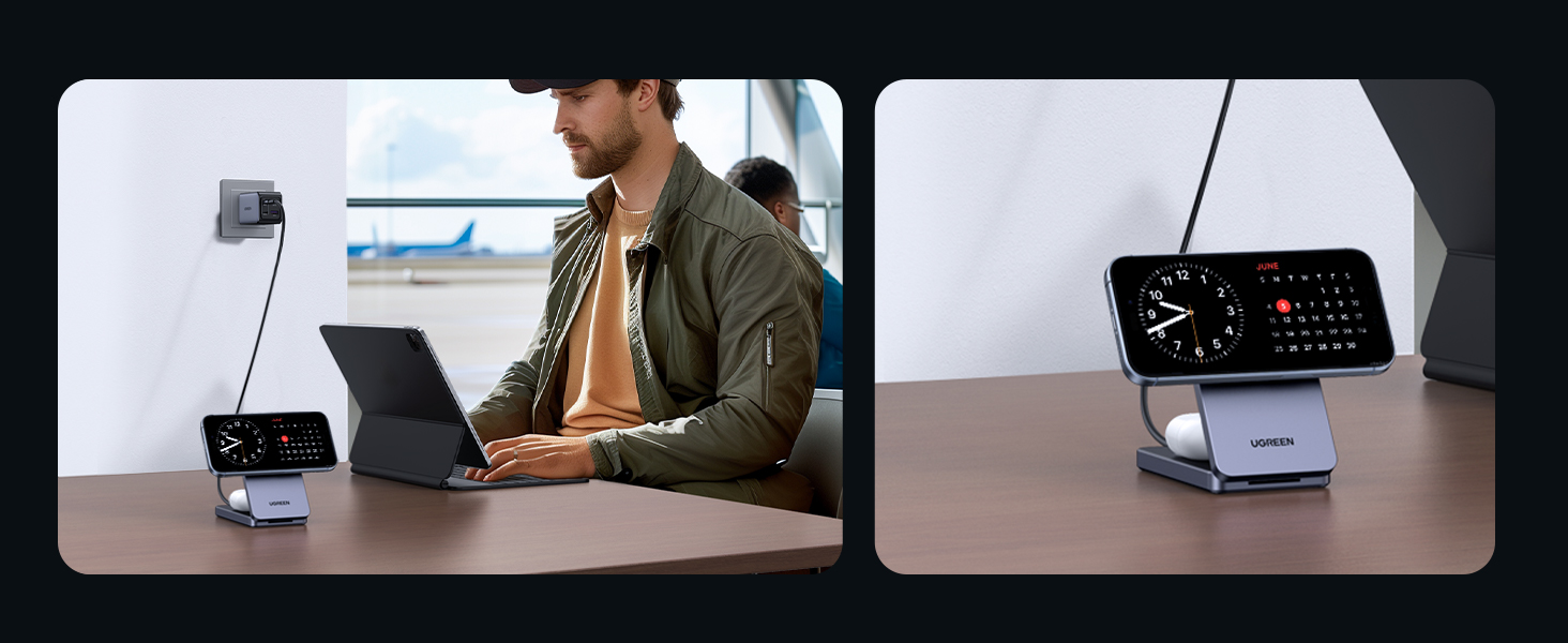 Зарядний пристрій UGREEN MagFlow Qi2 з підтримкою MagSafe, 15W, 2-в-1, для iPhone 17/16/15/14/13/12, AirPods 2/3, з кабелем 1м