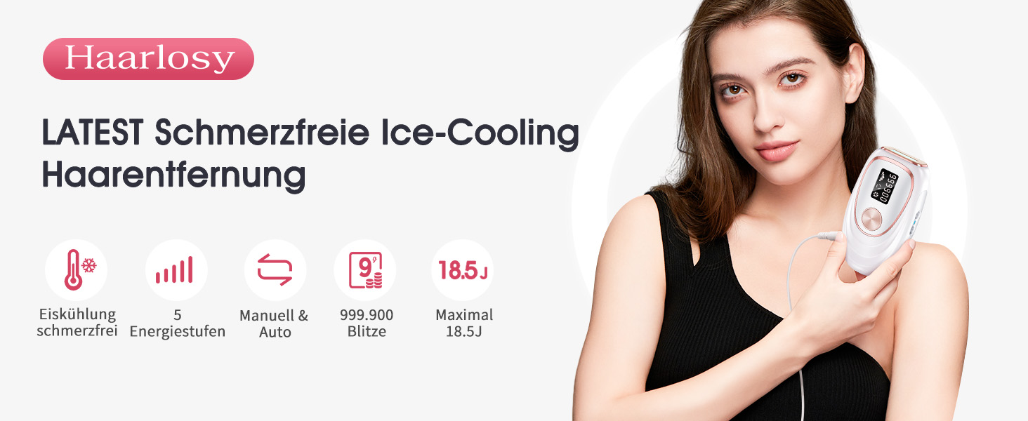 Пристрій для епіляції IPL Haarlosy з охолодженням, 999,900 імпульсів, 5 рівнів потужності, безболісна епіляція для жінок та чоловіків, обличчя, пахв, ніг та тіла (білий)