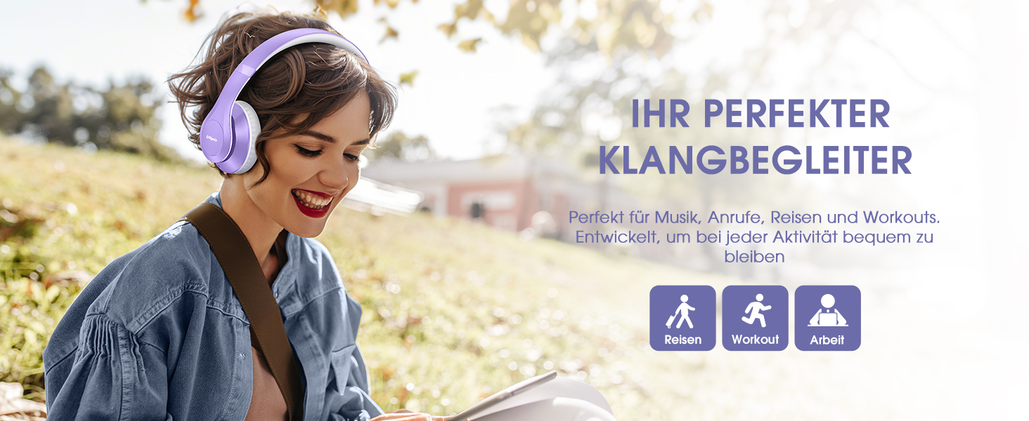 Бездротові навушники Uliptz Bluetooth Over Ear: 65 годин роботи, 6 EQ-режимів, HiFi стерео, складна конструкція, для подорожей/офісу/телефону/ПК (фіолетовий)