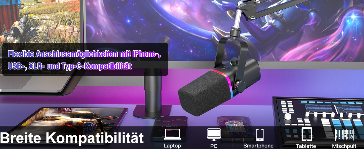 Мікрофон ZealSound XLR/USB для подкастів з RGB підсвічуванням та регулятором гучності | Для студії, стрімінгу, YouTube, геймінгу | Сумісний з PC, Mac, PS4-5, мікшером KD8S