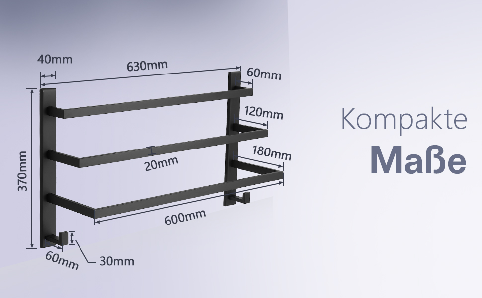 Тримач для рушників без свердління для ванної кімнати | Без бактерій | Приховані шурупи | Тримач для рушників з гачками - нержавіюча сталь SUS 304, чорний