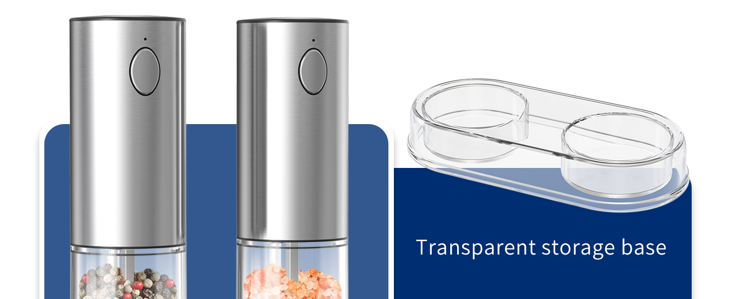 Електричні соляні та перечні млини CIRCLE JOY з нержавіючої сталі з підставкою, 95 мл, біле LED-підсвічування, регульована ступінь помелу, срібний колір