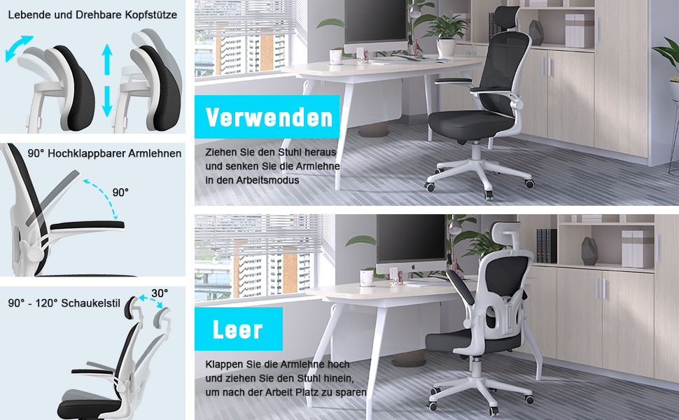 Офісний стілець Naspiro з регульованими підлокітниками, ергономічний, з сітчастою спинкою, підтримкою попереку, регулюванням висоти, м'яким сидінням, поворотний на 360°, (білий, з підголівником)