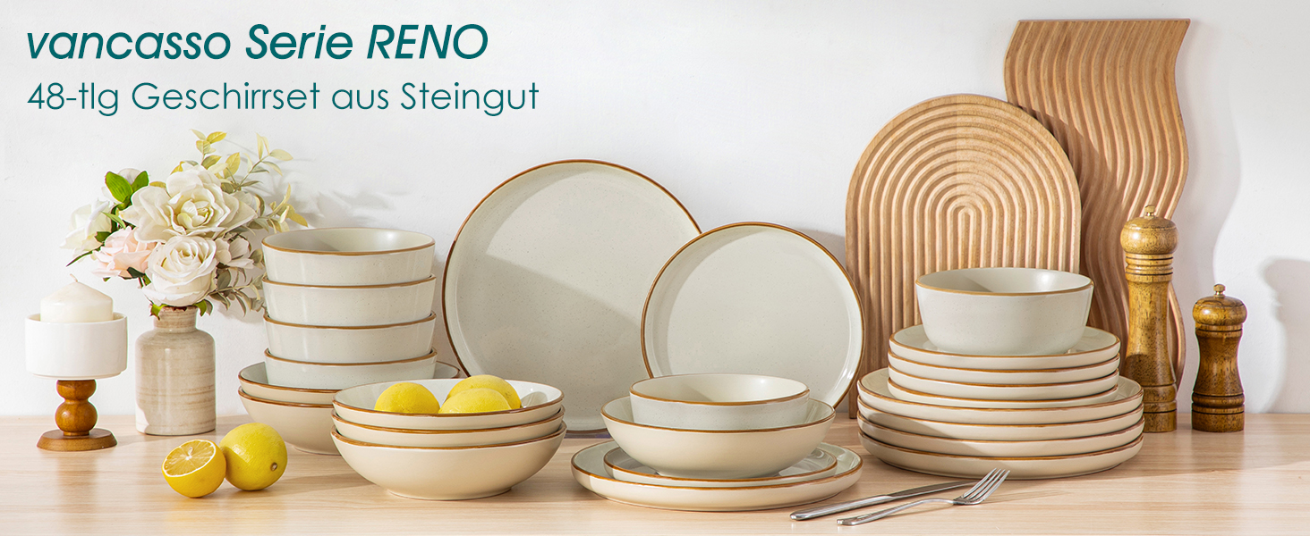 Набір посуду на 6 осіб Vancasso RENO 24 шт. з каменю, сучасний сервіз: тарілки для їжі, супу, десерту, миски. Підходить для миття в посудомийній машині та для використання в мікрохвильовій печі (Бежевий)