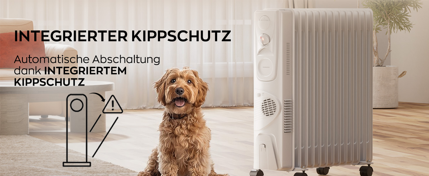 Електричний масляний радіатор Heinrich з 13 ребрами, 2500W, з вентилятором, терморегулятором, захистом від перегріву та нахилу, чорний