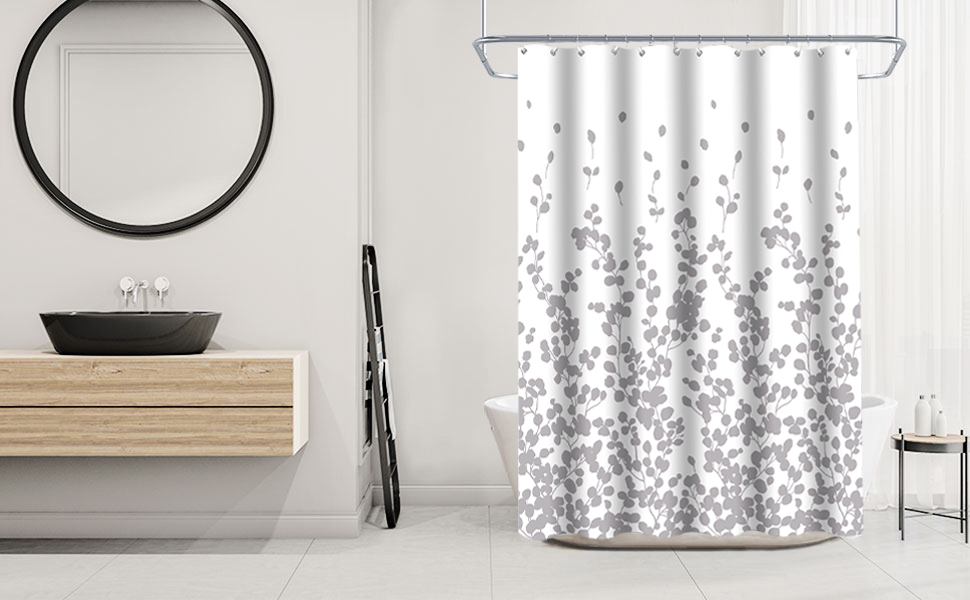 Шторка для душу 180x200 см, біла, антигрибкова, з люверсами. Шторка для ванни з квітами, водонепроникна, сіра, з малюнком рослин, миється.