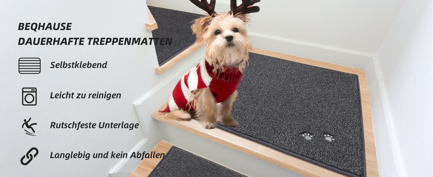 BEQHAUSE Non-Slip Stair Treads - 15 Pack, Washable Carpet for Stairs - Safe for Kids, Seniors & Pets, 22x70cm (8.7 x 27.5 inch), 100% Polyester with TPE Backing