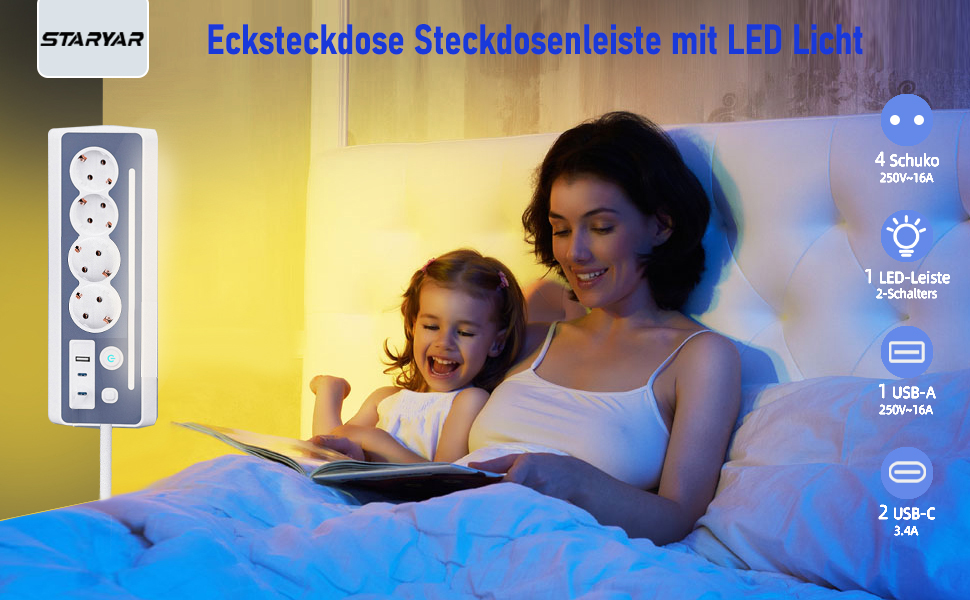 Мережевий фільтр з USB та Type-C, 4 розетки, 16A, 3680W, з вимикачами, захист від перенапруги, білий