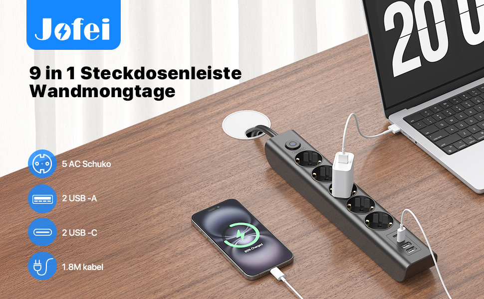 Мережевий фільтр Steckdose 8 в 1 з USB, 3680W, з вимикачем, 16A, 2 USB-C, для смартфонів, ноутбуків, iPad, 1.8M кабель, білий (чорний 5AC)