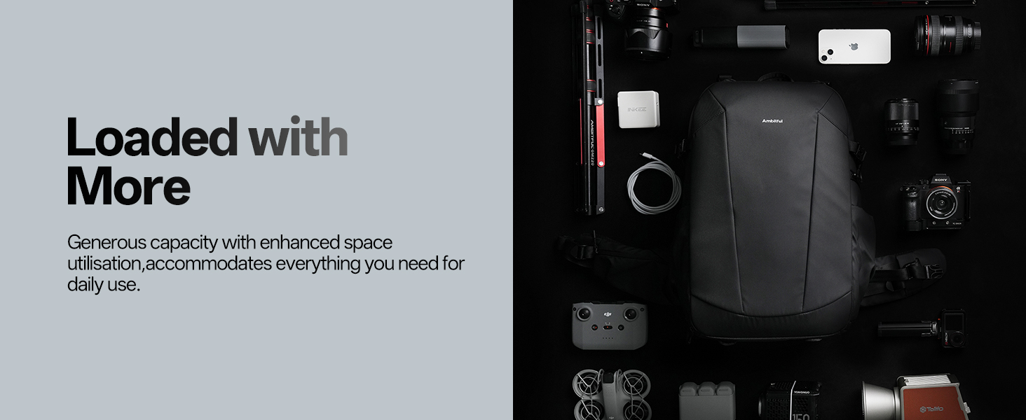 Чорний фоторюкзак AMBITFUL 25L+3L для DSLR/SLR/Mirrorless камер з відділенням для ноутбука та трипода (водонепроникний, ергономічний)