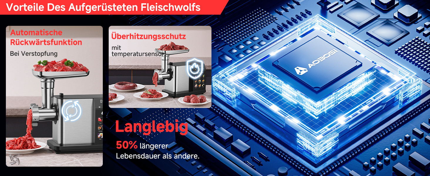 М'ясорубка електрична AAOBOSI 3000W з LED-дисплеєм, 3 швидкості, анти-затор, контейнер для зберігання, для ковбас та кібе, срібляста