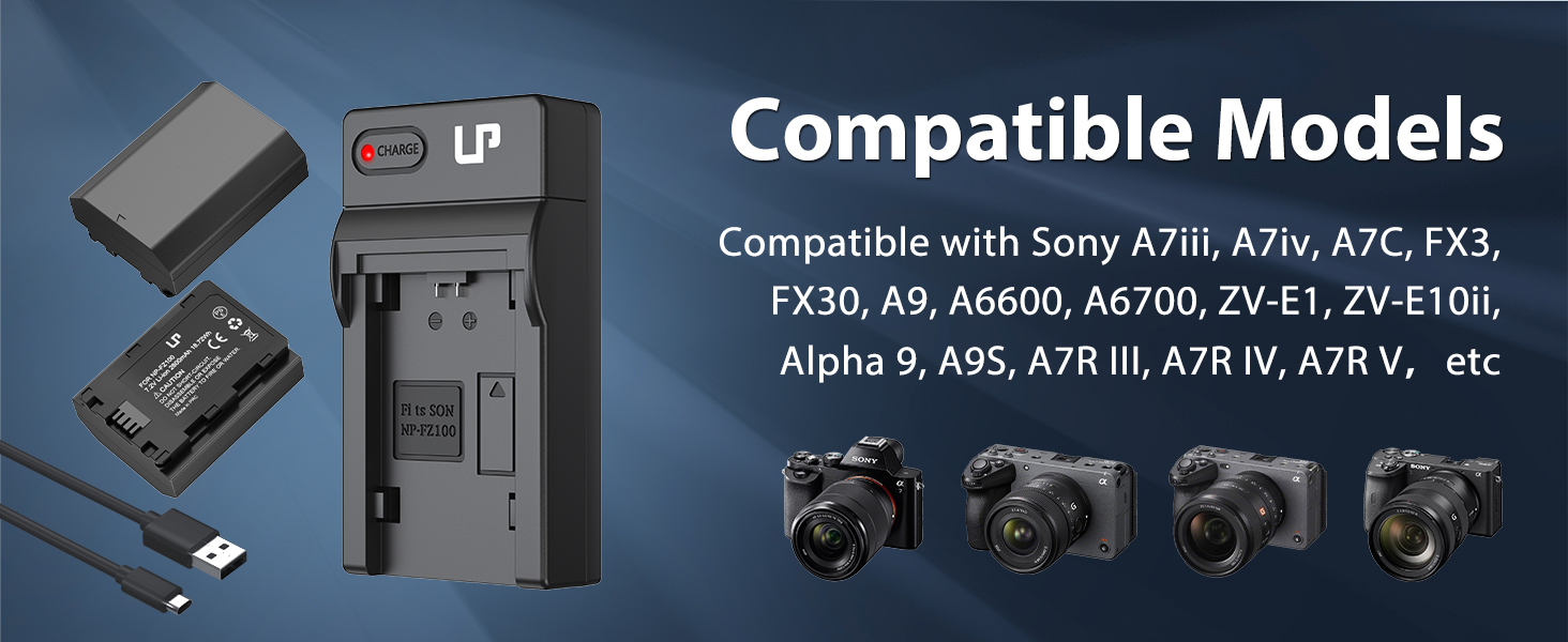 Зарядний пристрій LP NP-FZ100 з LCD-дисплеєм, Dual USB, сумісний з Sony A7iii, A7iv, A7C, A6700, A6600, ZV-E1, ZV-E10ii, FX3, FX30, A9, Alpha 9, Alpha 9S, A9S, A7R3 та A7R4 (2 батареї + AC зарядний пристрій)
