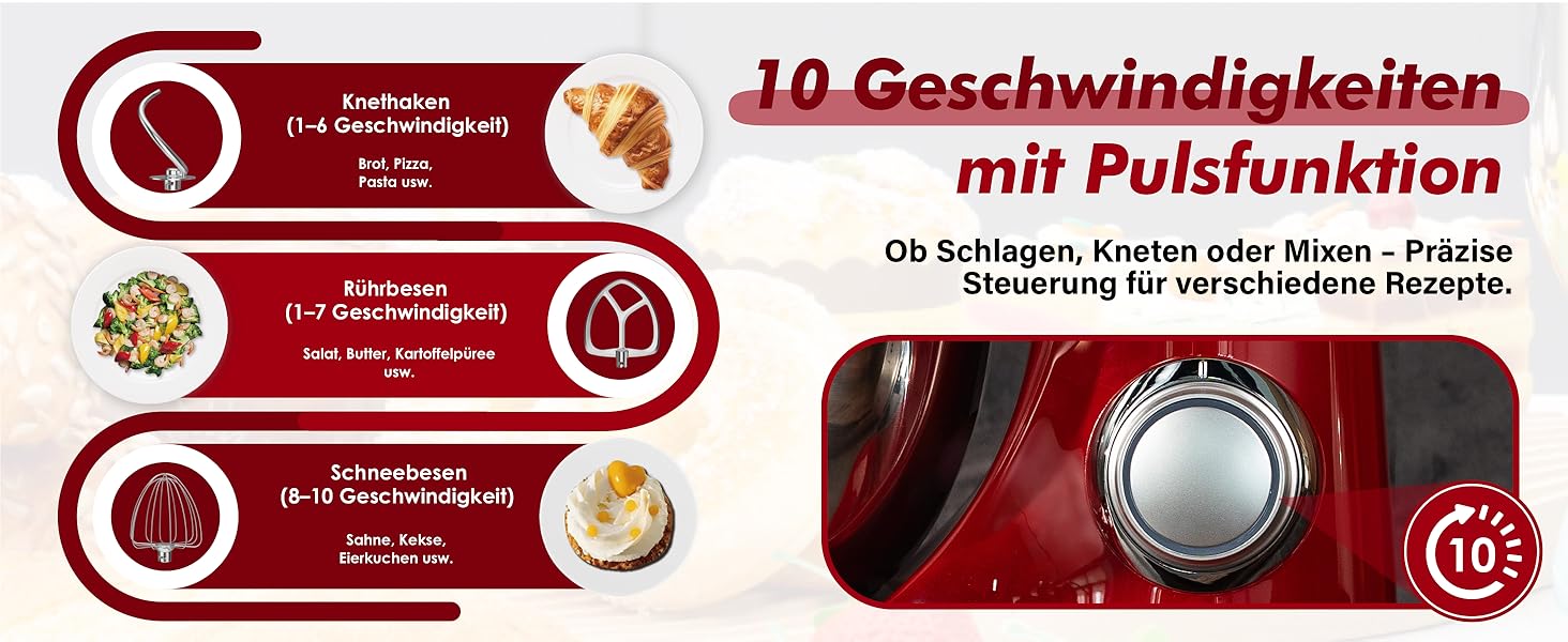 Кухонна машина Küchenmaschine 6 л, 1300 Вт, 10+ швидкостей, з набором насадок (міксер, гак для тіста, вінчик), темно-зелений/червоний