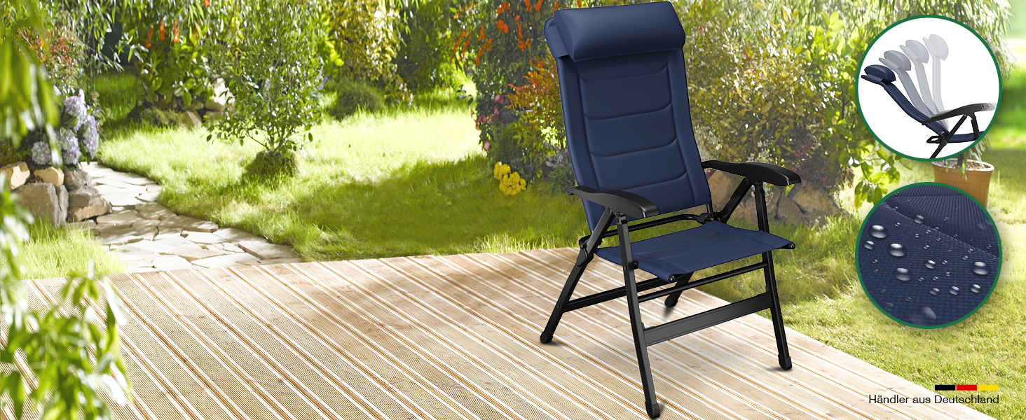 ELONEO Folding Camping Chair with Removable Footrest, Folding Chair made of Aluminum, Folding Garden Chair, Reclining Chair with Adjustable Backrest, Camping Chair (Folding Chair with Footrest (with Premium Cushion), Blue)
