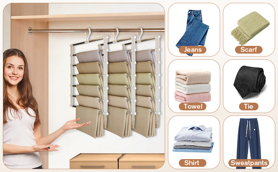 Набір з 3 штук вішалок для штанів, 7 в 1, економія місця, неслизькі вішалки для штанів, органайзер для шафи з 10 прищіпками, з нержавіючої сталі, складні вішалки для штанів, шарфів, рушників, краваток, постільної білизни
