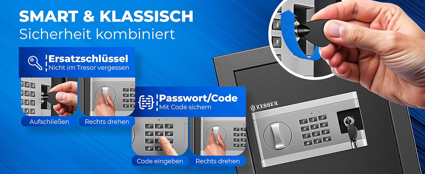 Електронний сейф KESSER® 35x25x25 см з батарейним відсіком, подвійним замком, світлодіодним освітленням, для дому та офісу, чорний