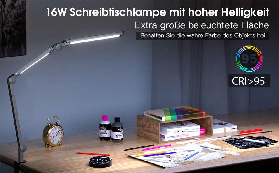 AmazLit Adjustable LED Desk Lamp with Dual Light Source - 12W/16W Dimmable Architect Lamp with Remote Control & Clamp