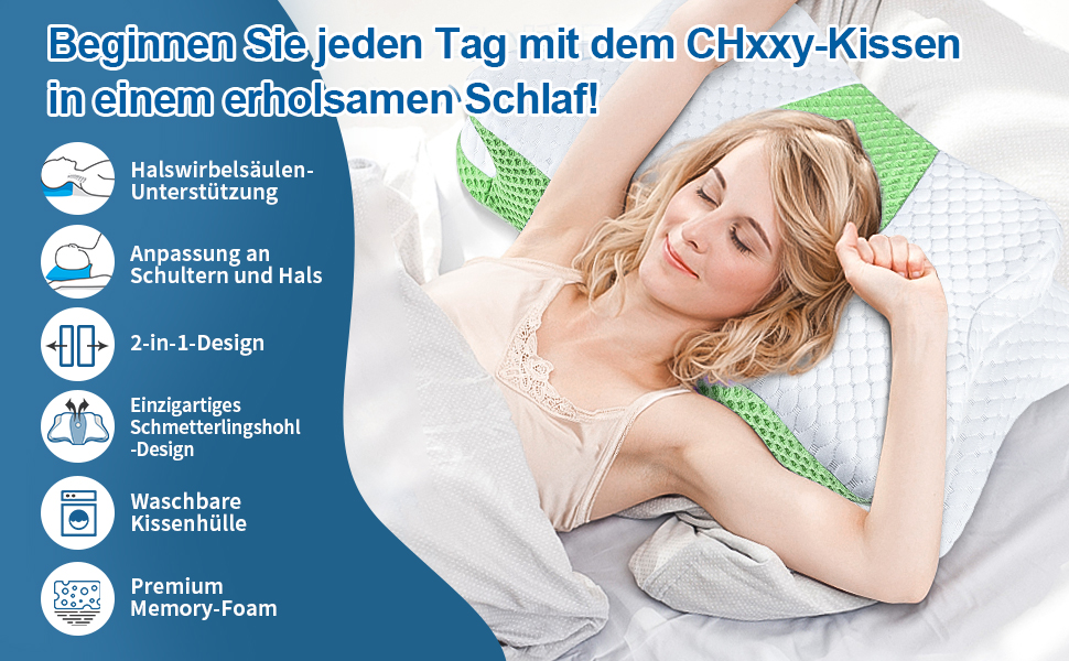 Подушка з піною з пам'яті CHxxy для шиї та плечей, ергономічна контурна подушка для сну на боці, на животі та на спині (зелена)