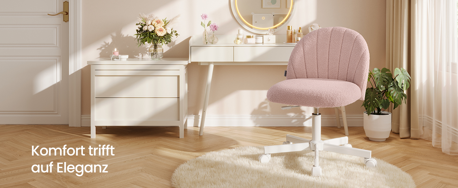 Офісний стілець SONGMICS для дому, рожевий, з м'якою оббивкою з флісу, регульована висота, для спальні, робочого кабінету, гардеробної