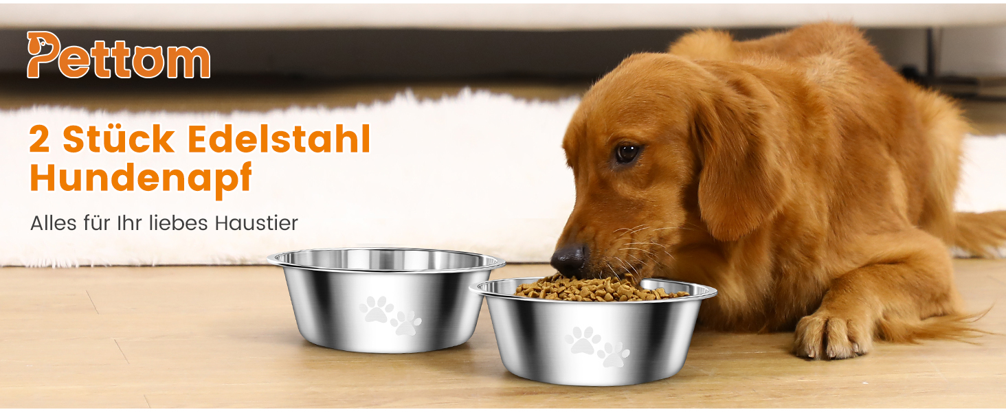 PETTOM Миски для собак з нержавіючої сталі, 2 шт. (3120 мл), миска для корму для собак великих, середніх та маленьких порід, миска для води з неслизьким силіконовим дном, розмір M - 21 см, срібний колір