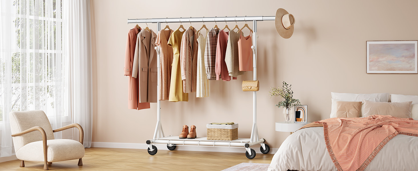 Стійка для одягу на колесах FAVOOOSTY, металева, мобільна, до 200 кг, швидка збірка, білий колір, 1 перекладина