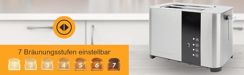 Тостер ProfiCook PC-TA 1250 Inox з сенсорним дисплеєм: 2 слоти, нержавіюча сталь, 850 Вт, 7 рівнів підсмажування, підставка для тостів, висувна кришка для крихт, згортання кабелю