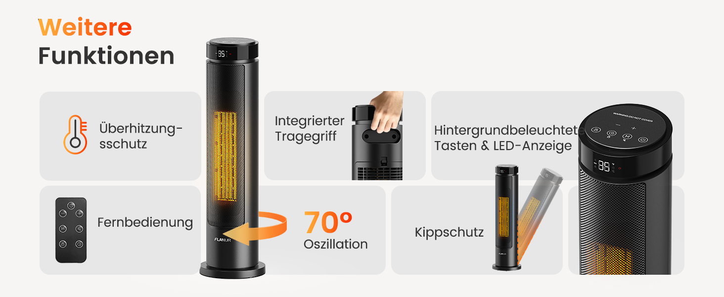 Електричний обігрівач PTC 2000W з керамічним нагрівачем, тихий, з термостатом та пультом керування, ECO режим, 70° осциляція, таймер 12h, захист від перегріву та перекидання, чорний, 1 шт (60 см)