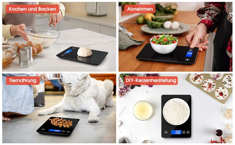 Кухонні ваги цифрові 15 кг, перезаряджувані, з LCD-дисплеєм та функцією тарування, водонепроникні, преміум-якість, чорний/білий
