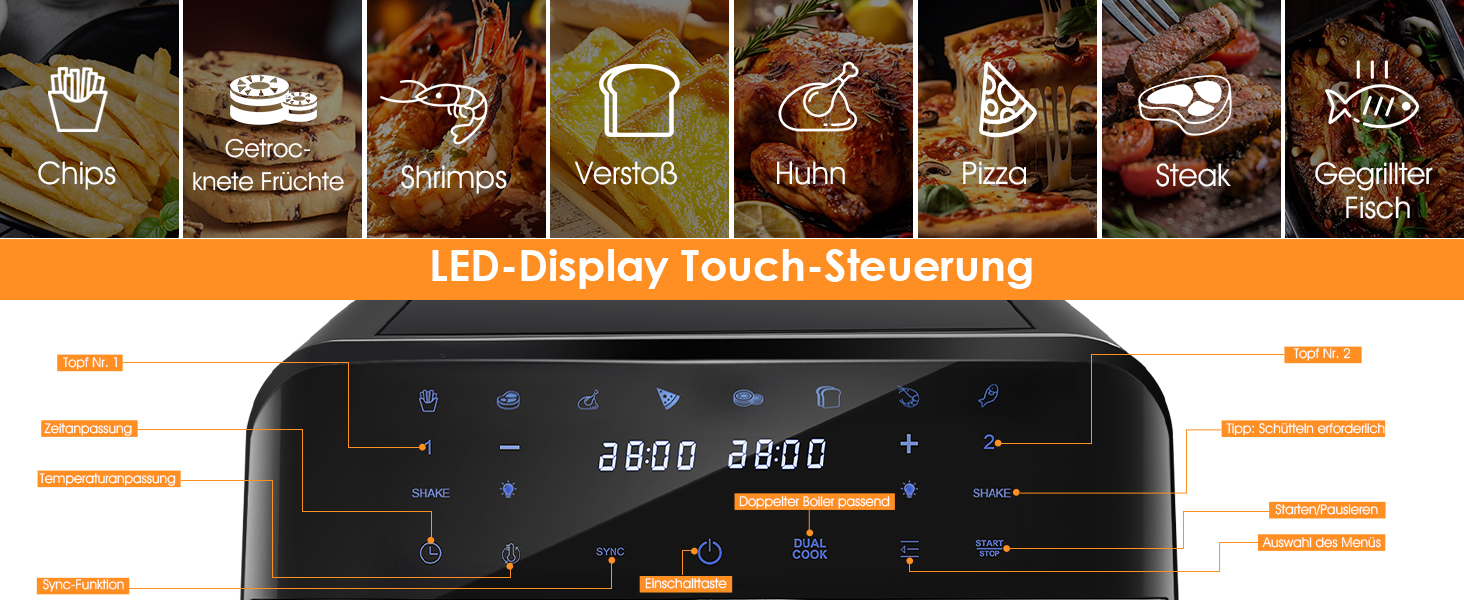 Фритюрниця повітряна 9L з цифровим LED-дисплеєм та сенсорним екраном, 10-в-1, без олії, здорове приготування їжі