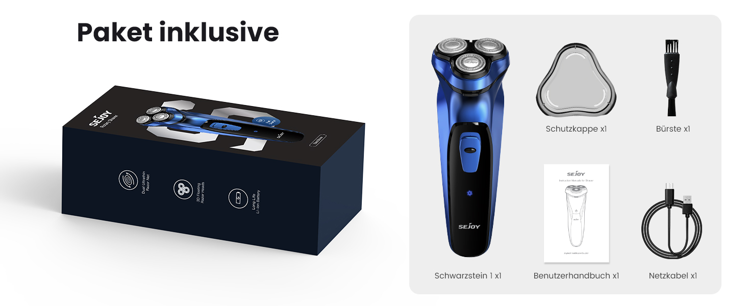 Електрична бритва Sejoy для чоловіків, суха, з підзарядкою, з висувним тримером, швидка зарядка за 1 годину, 3D-головка, LCD-дисплей (Азурний колір)