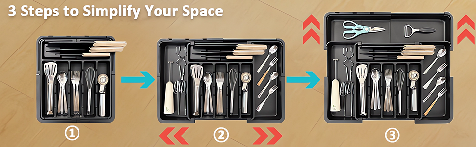 Органайзер для столових приборів ZHUlYIWIN в шухляду, розсувний, з тримачами для ножів (сірий)